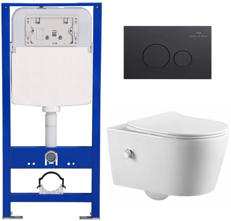 Комплект 6 в 1: инсталляция Amore di Mare QuickFit 50114 с подвесным унитазом Temo Bidet P322-X и клавишей смыва 303MB (QF303MB322X)